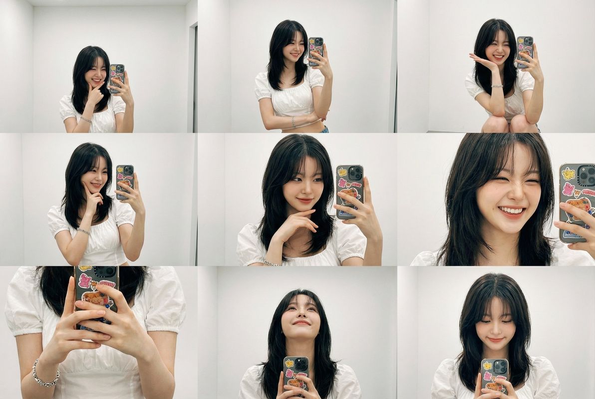 Nine-grid emotional portrait selfies in front of the mirror